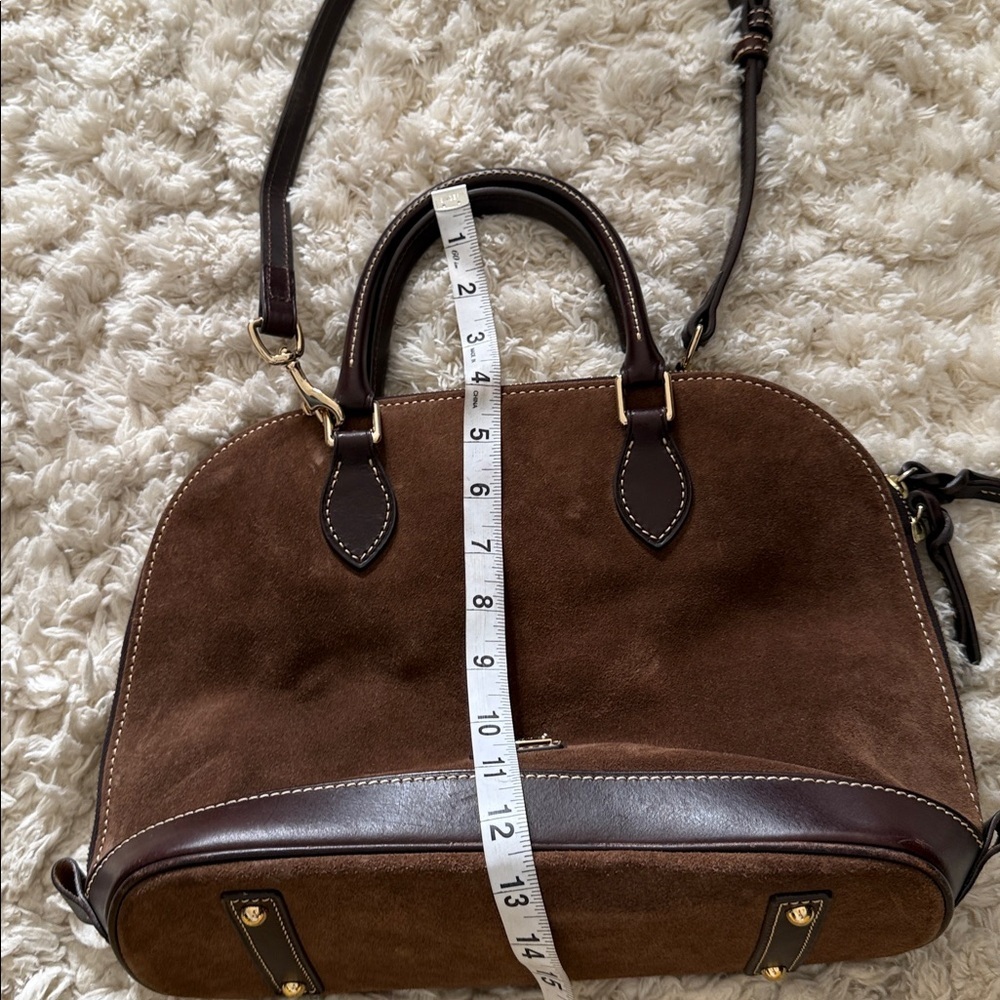 Dooney & Bourke Brown Suede Leather Dome Satchel Crossbody Bag Red Lining - Picture 12 of 12